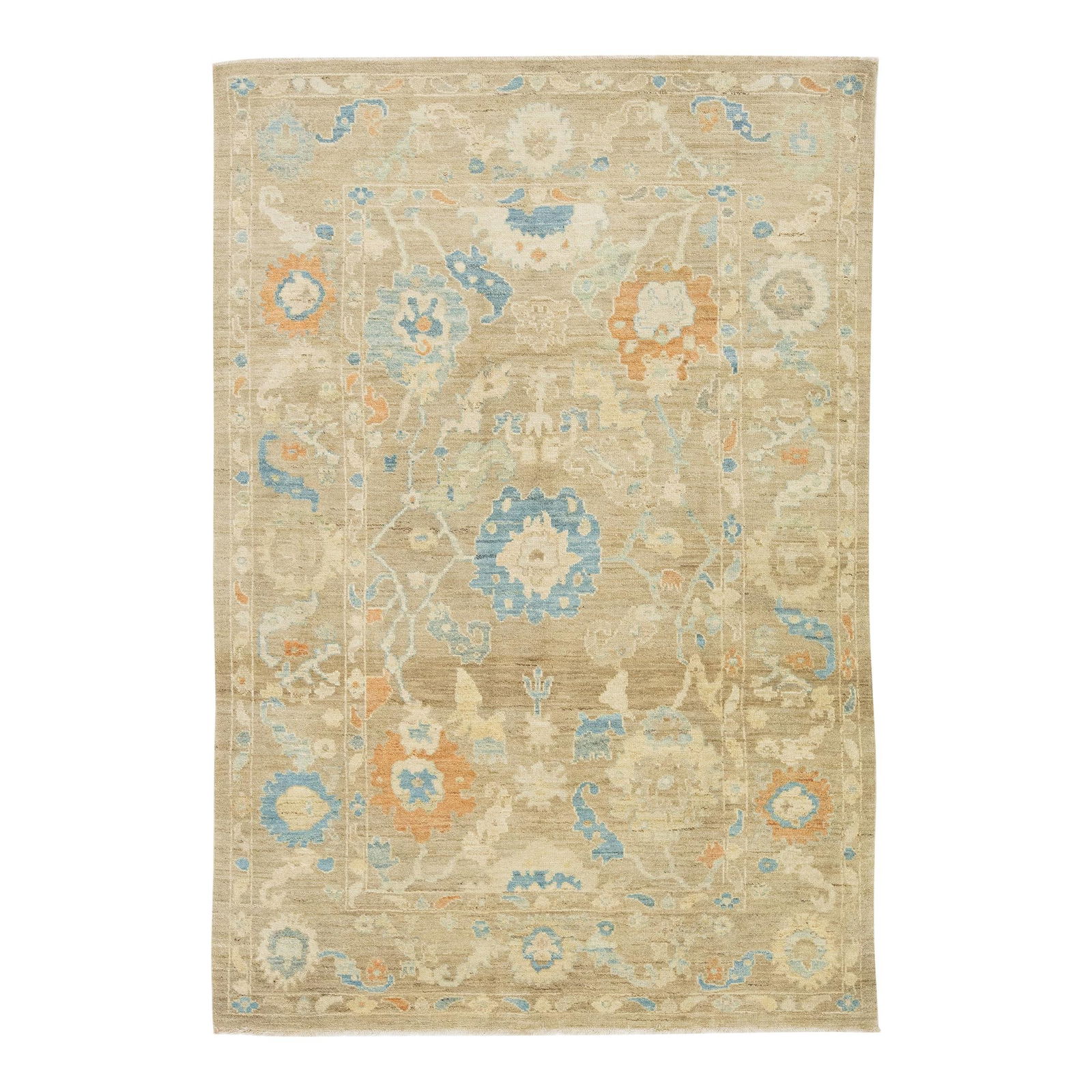 Light Brown Floral Wool Rug 6'1'' x 9' Sultanabad: Light Brown Floral Wool Rug 6'1'' x 9' Sultanabad Enhance your space with this exquisite hand-knotted wool rug, featuring a light brown background adorned with vibrant, multicolored floral designs. Me