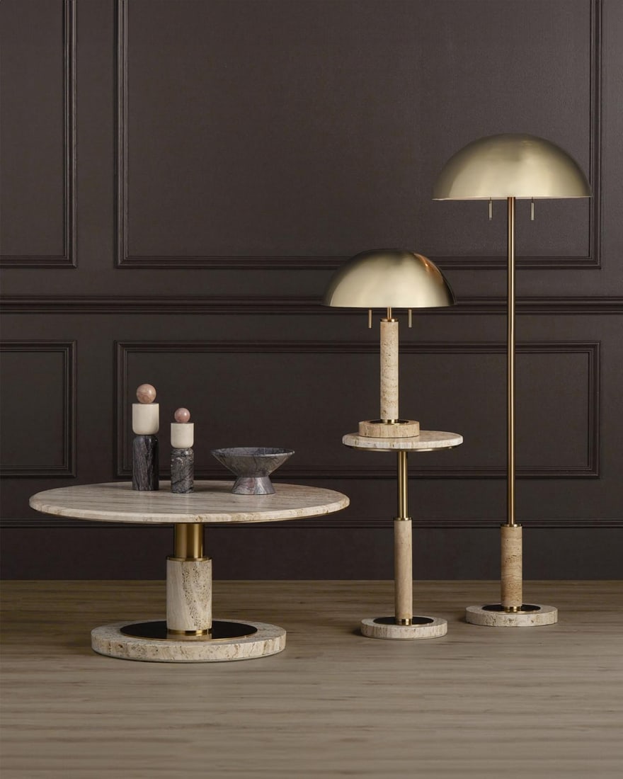 Currey Miles Accent Table Polished Brass Travertine 23.25H: Currey Miles Accent Table Polished Brass Travertine 23.25H Introducing the Miles Travertine Accent Table, a stunning piece that combines modern design with elegant materials. This accent table feature