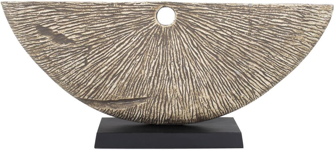 Howard Elliott Half-Moon Sculpture Textured Aluminum 10.75H 24.50W 4.25D: Howard Elliott Half-Moon Sculpture Textured Aluminum 10.75H 24.50W 4.25D Introducing the Distinctive Half-Moon Hubert Sculpture, a stunning piece crafted in an antique or vintage style. This sculpture