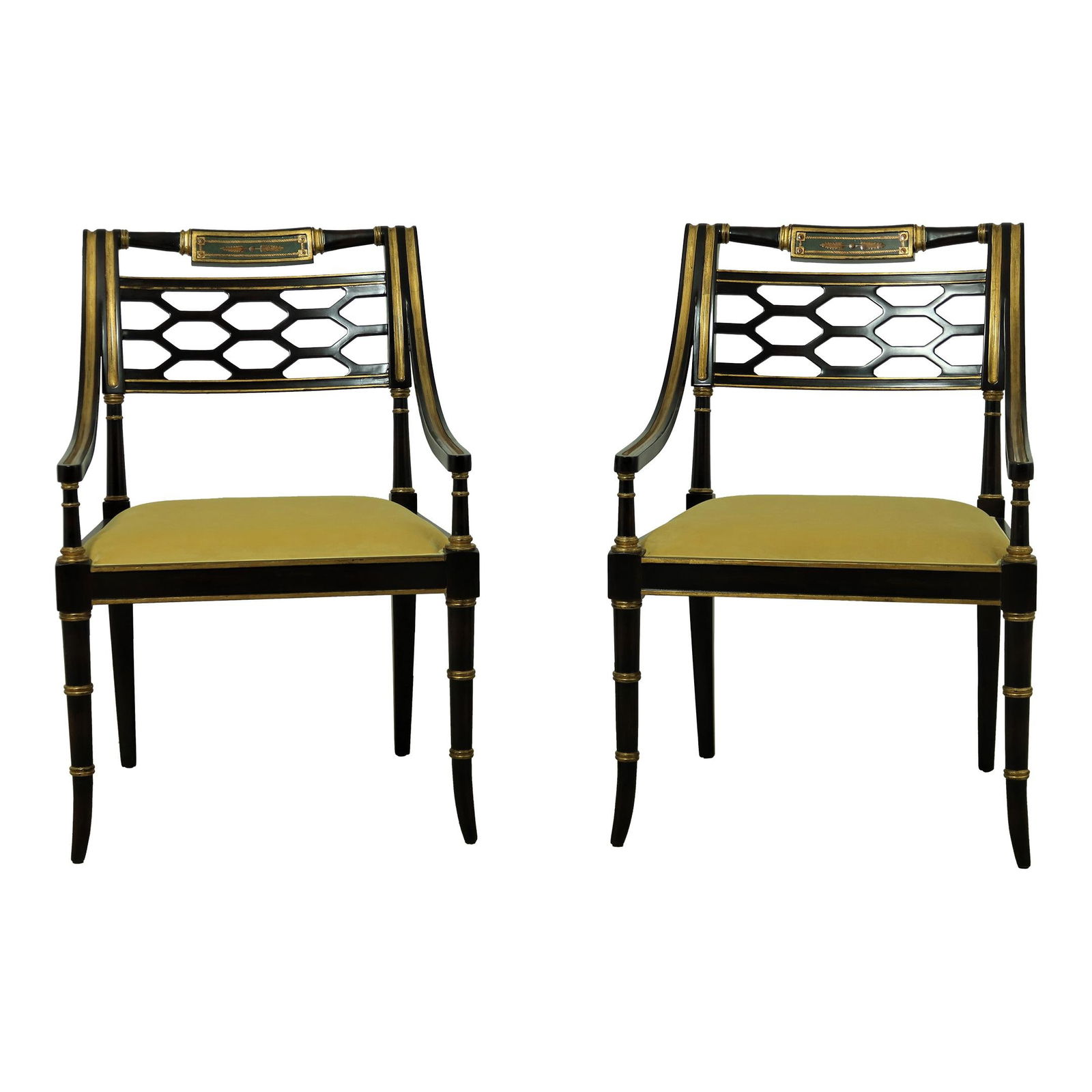 Theodore Alexander Regency Armchairs Model 4102-138 Mahogany Gold Accents Pair: Theodore Alexander Regency Armchairs Model 4102-138 Mahogany Gold Accents Pair This elegant pair of Theodore Alexander #4102-138 armchairs showcases exquisite design with a pierced back and a beautifu