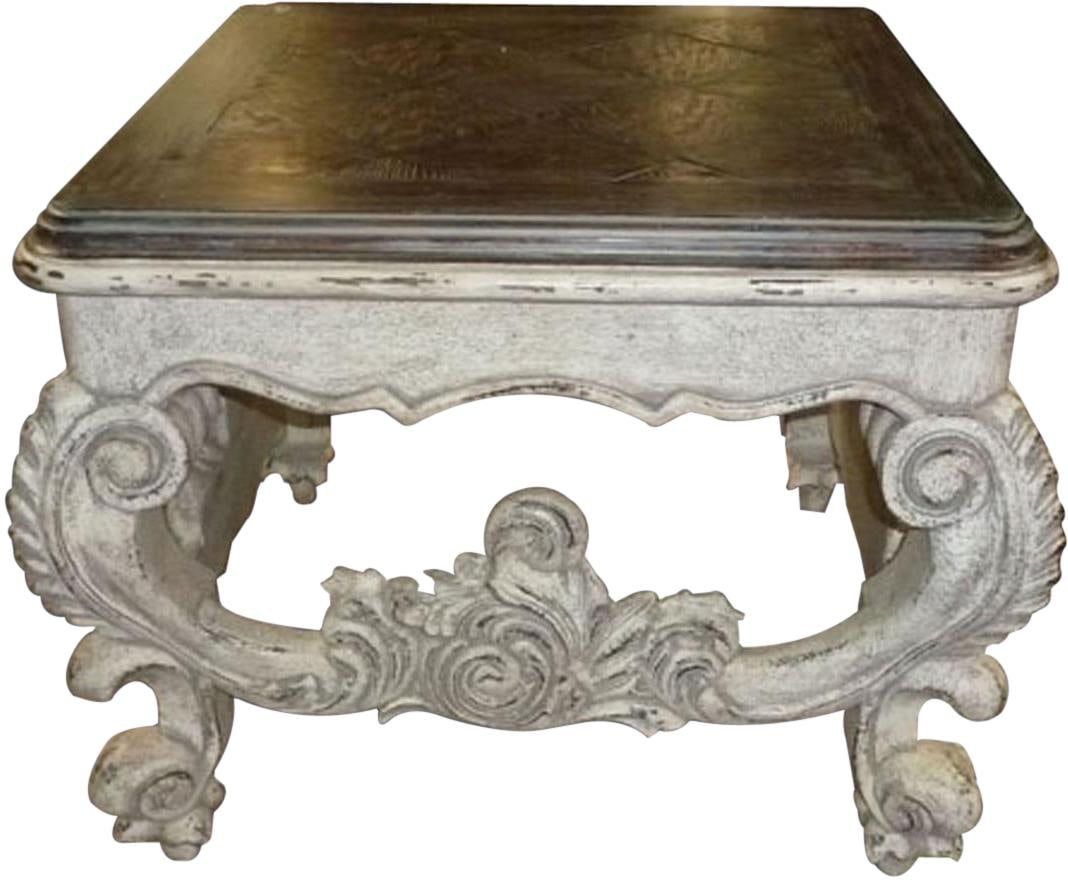 Baroque Rococo Solid Wood White End Table: Baroque Rococo Solid Wood White End Table This exquisite square end table showcases a timeless antique design with a charming Baroque Rococo style. Crafted from solid wood, it features intricate carvi