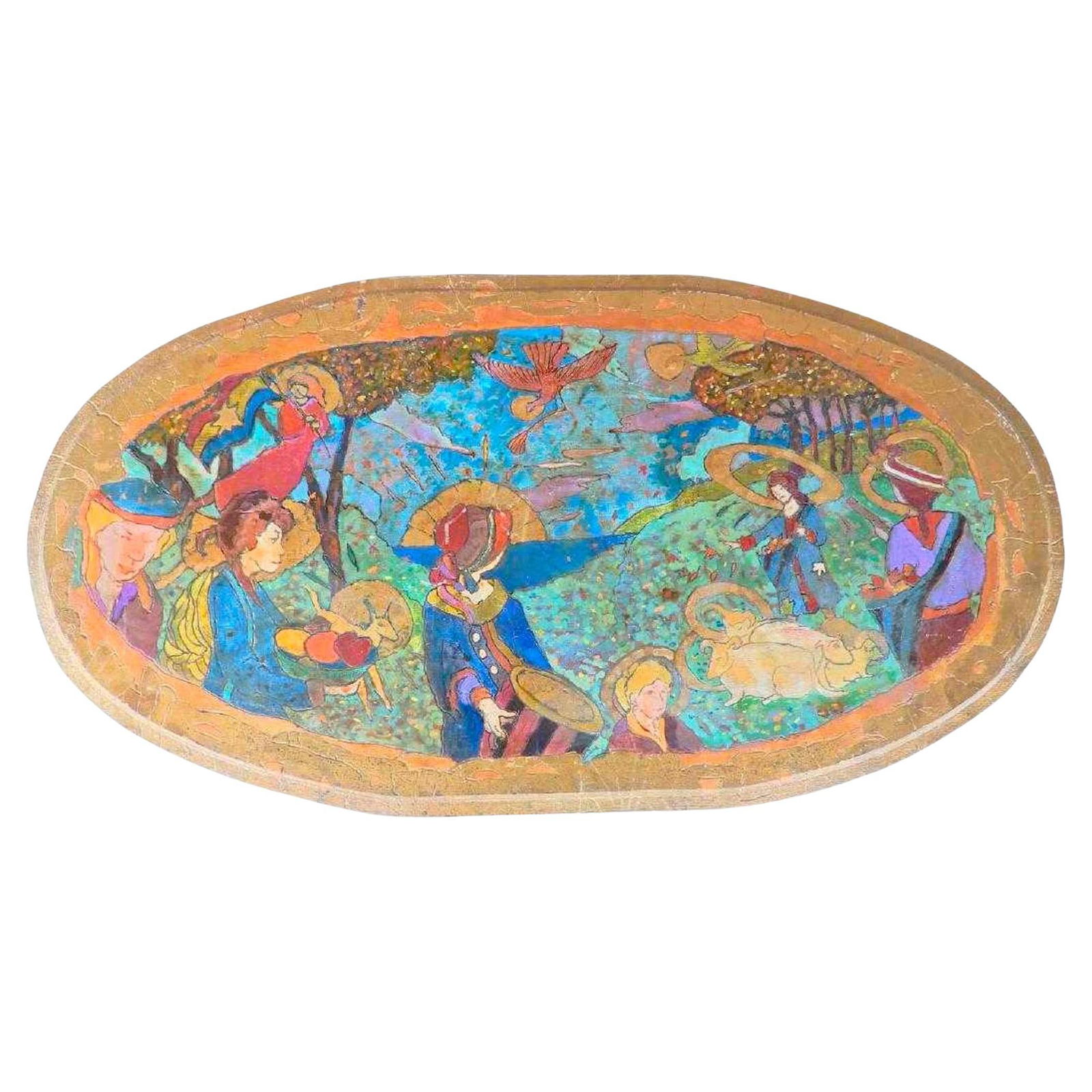 Jane Gilday 1997 Masterwork Harvest Pastoral Giltwood Art: Jane Gilday 1997 Masterwork Harvest Pastoral Giltwood Art Presenting a stunning masterwork by Jane Gilday titled "Harvest Pastoral". This captivating artwork features an oval giltwood frame, beautiful