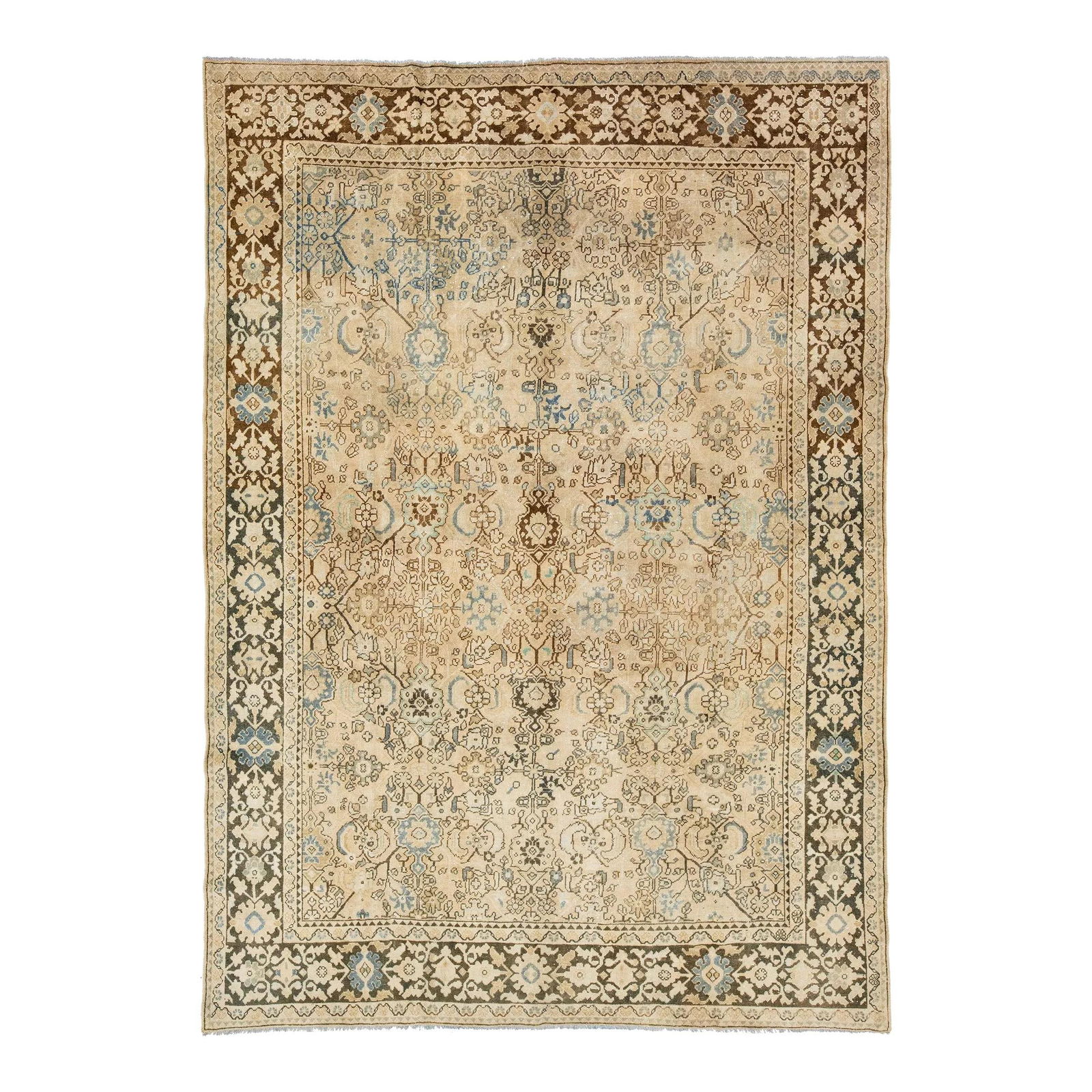 1940s Handmade Persian Mahal Wool Rug Floral Design Beige 7'9 x 10'10: 1940s Handmade Persian Mahal Wool Rug Floral Design Beige 7'9 x 10'10 Discover the charm of this stunning vintage 1940s handmade Persian Mahal wool rug. Featuring a beautiful allover floral motif in s