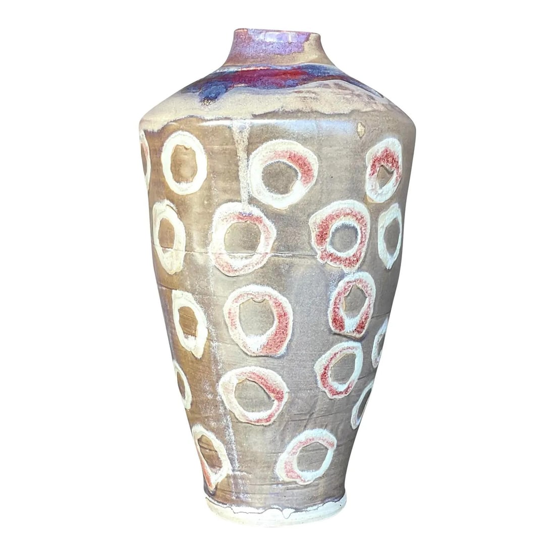 Handmade Studio Pottery Vase with Artist Signature and Boho Circular Motif: Handmade Studio Pottery Vase with Artist Signature and Boho Circular Motif This vintage Boho-style studio pottery vase highlights handmade craftsmanship with its distinctive form and hand-painted circ