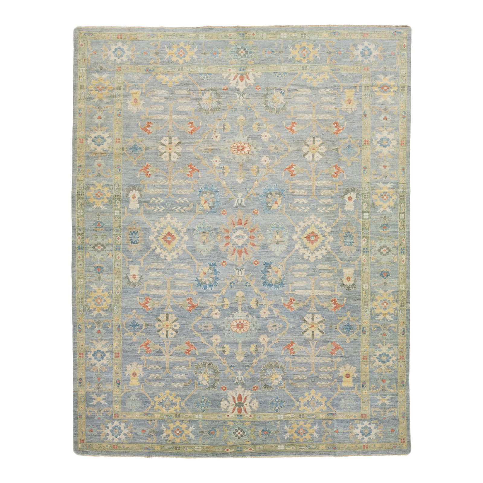 Handmade Floral Wool Rug 13'3 x 16'10 Gray Blue: Handmade Floral Wool Rug 13'3 x 16'10 Gray Blue Elevate your living space with this stunning oversized hand-knotted wool rug. Featuring a captivating blue and gray background complemented by a vibrant