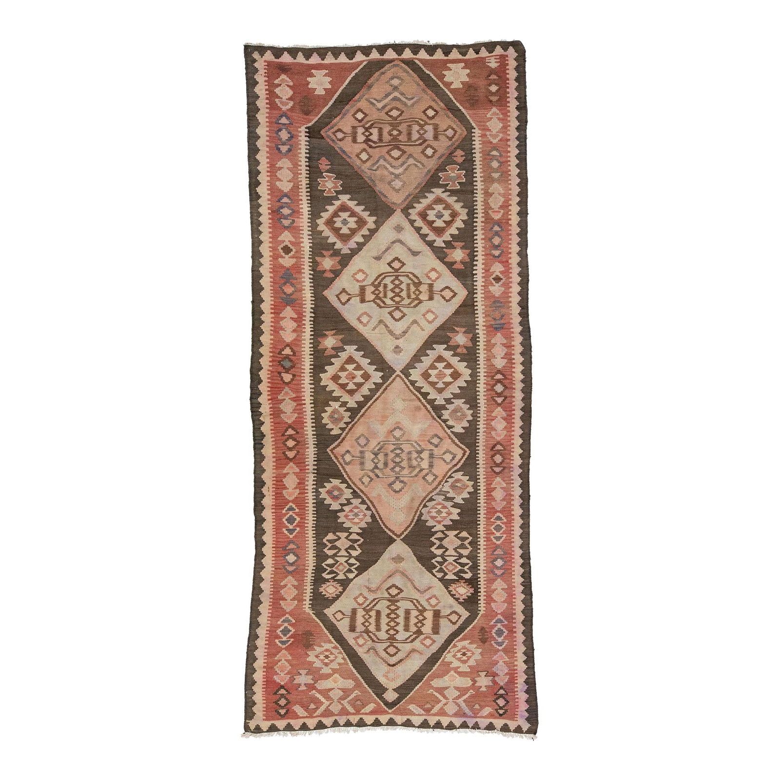 Vintage 1960s Kilim Handmade Wool Rug Multicolor Geometric 4'4 x 10'7: Vintage 1960s Kilim Handmade Wool Rug Multicolor Geometric 4'4 x 10'7 This stunning 1960s Vintage Kilim rug features a hand-knotted construction with multicolor accents arranged in a captivating all-o