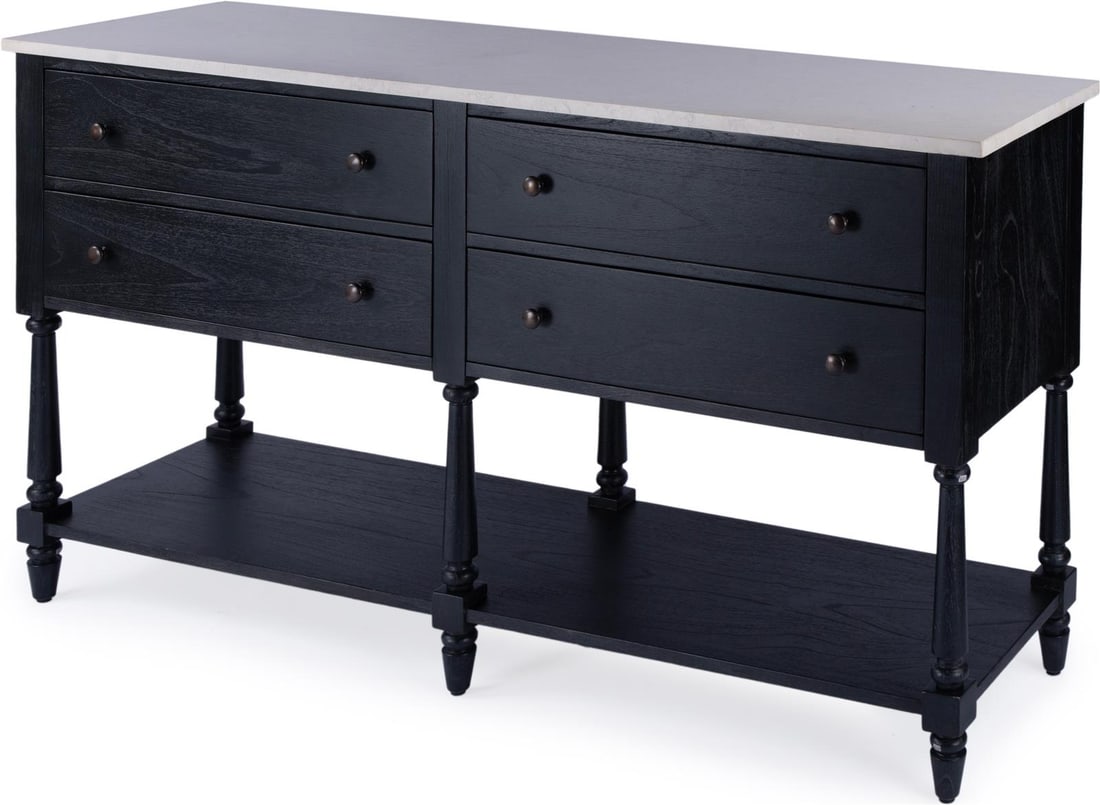 Washed Black Sideboard in French Style by Butler 35H 65W 18D: Washed Black Sideboard in French Style by Butler 35H 65W 18D This elegant transitional sideboard features a French style design and a washed black finish. It offers ample storage space and is crafted