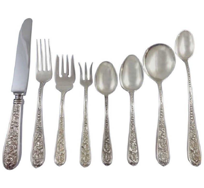 Stieff Corsage Sterling Silver Flatware Set 69 Pieces Service for 8: Stieff Corsage Sterling Silver Flatware Set 69 Pieces Service for 8 Experience elegance with this stunning Corsage flatware set by Stieff, crafted from high-quality sterling silver. This remarkable 69