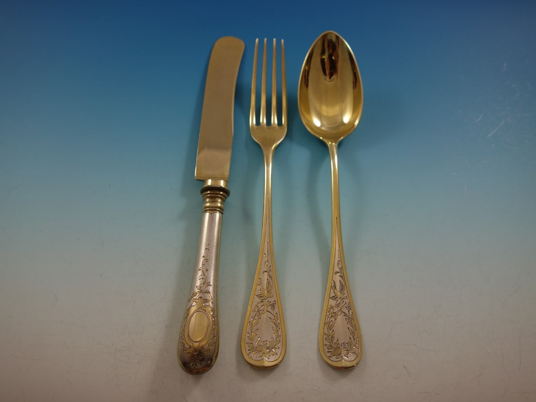Vintage German 800 Silver Dessert Flatware Set 18 Pieces with Gilt Bird Motif (1 of 6)