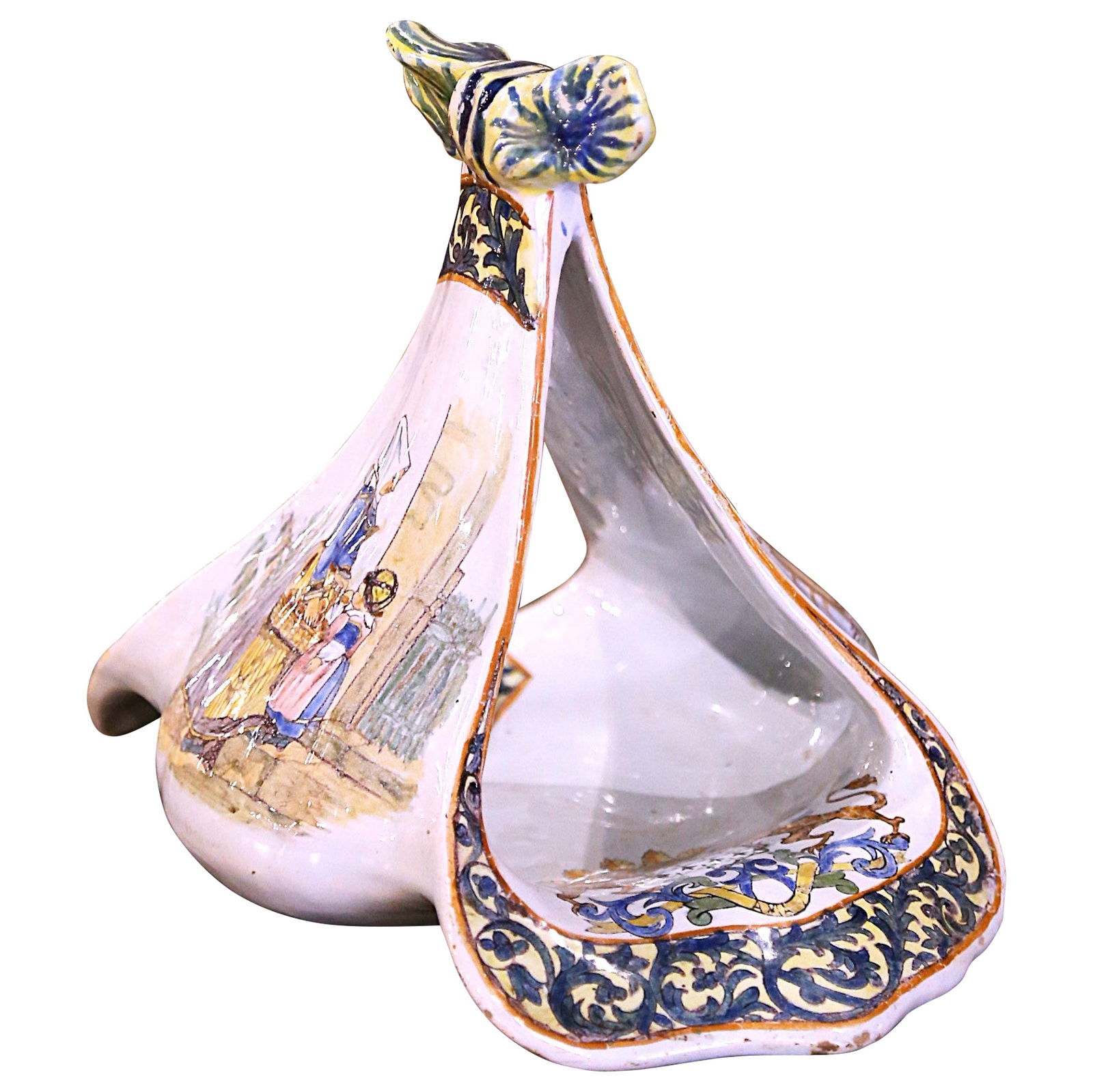 Large 19th Century Faience Dish by Porquier Beau with Breton Scenes: Large 19th Century Faience Dish by Porquier Beau with Breton Scenes Enhance your home decor with this stunning 19th Century French Painted Faience Dish by Porquier-Beau, crafted in Quimper, France cir