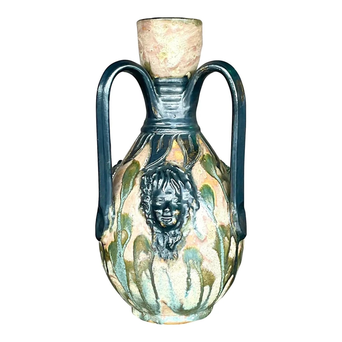 Sylvain Subblet Boho Two-Handled Studio Pottery Vase Signed Late 20th Century: Sylvain Subblet Boho Two-Handled Studio Pottery Vase Signed Late 20th Century This late 20th-century studio pottery vase by Sylvain Subblet features a distinctive two-handled design with deep teal and