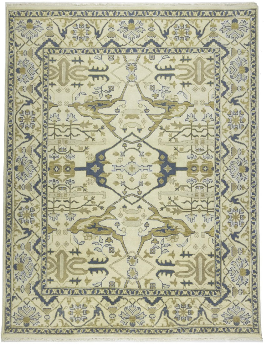 9'4 x 12'1 Hand-Knotted Wool Oushak Rug Modern Floral Pattern: 9'4 x 12'1 Hand-Knotted Wool Oushak Rug Modern Floral Pattern This handmade Oushak oriental rug features a floral design and is crafted from wool. The rug showcases muted colors including cream, gray,