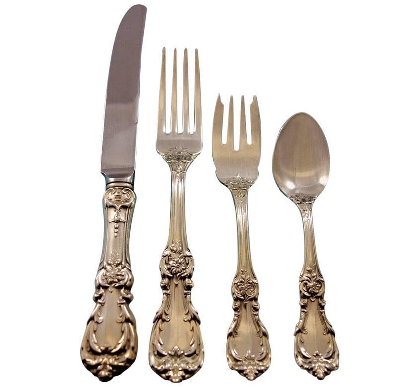 Reed & Barton Burgundy Sterling Silver Flatware Set 32 pcs with Storage Chest: Reed & Barton Burgundy Sterling Silver Flatware Set 32 pcs with Storage Chest Elevate your dining experience with the Burgundy Sterling Silver Flatware Set by Reed & Barton, comprising 32 meticulously