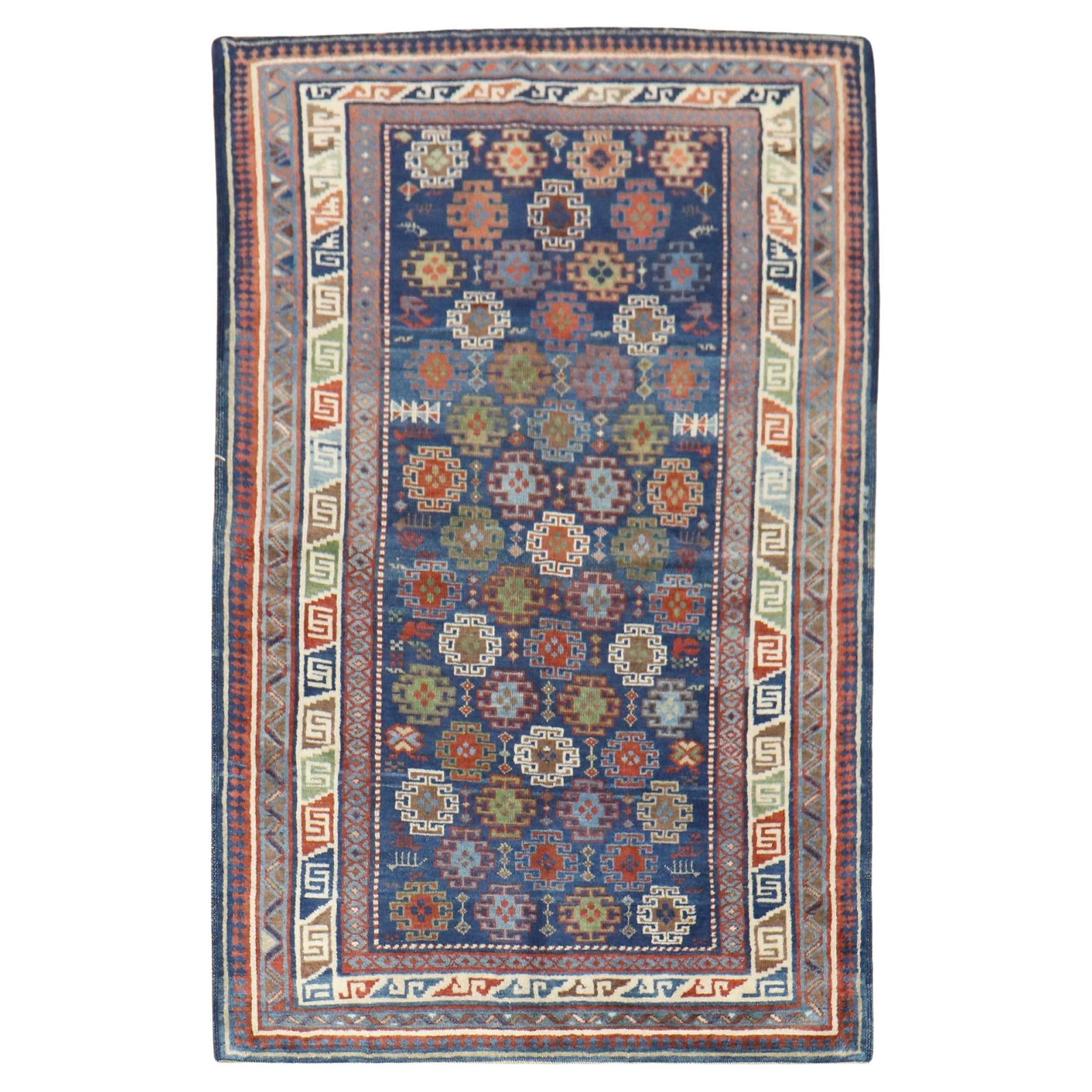 1920s Blue Antique Caucasian Kuba Kazak Rug Hand-Woven Wool 3'5'' x 5': 1920s Blue Antique Caucasian Kuba Kazak Rug Hand-Woven Wool 3'5'' x 5' Introducing a stunning Blue Antique Caucasian Kuba Rug, crafted in the early 20th century with an exquisite hand-woven technique.