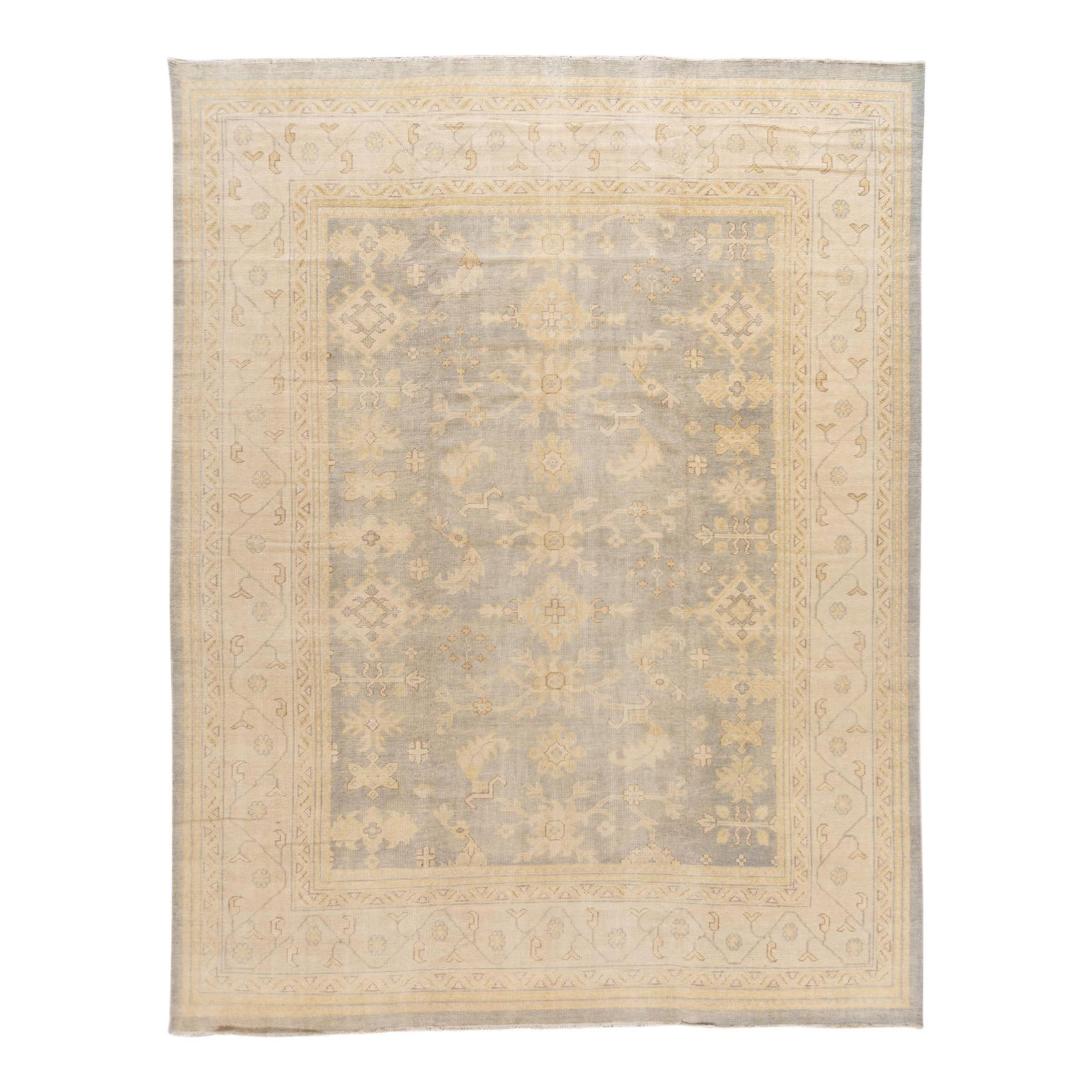 Oversize Gray Wool Oushak Style Rug with Floral Motif 12' x 15': Oversize Gray Wool Oushak Style Rug with Floral Motif 12' x 15' Enhance your space with this exquisite oversized Oushak style wool rug. Showcasing a beautifully intricate floral motif in beige and bro