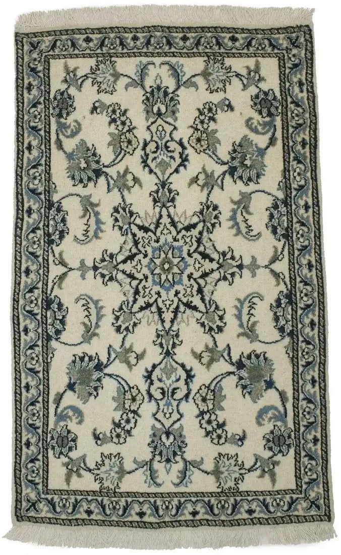 Hand-Knotted Wool Floral Oriental Area Rug 2'5 x 4'3 Cream Blue Accent: Hand-Knotted Wool Floral Oriental Area Rug 2'5 x 4'3 Cream Blue Accent This hand-knotted area rug features a classic floral pattern in cream, blue, navy blue, khaki, and gray tones. Crafted from wool,