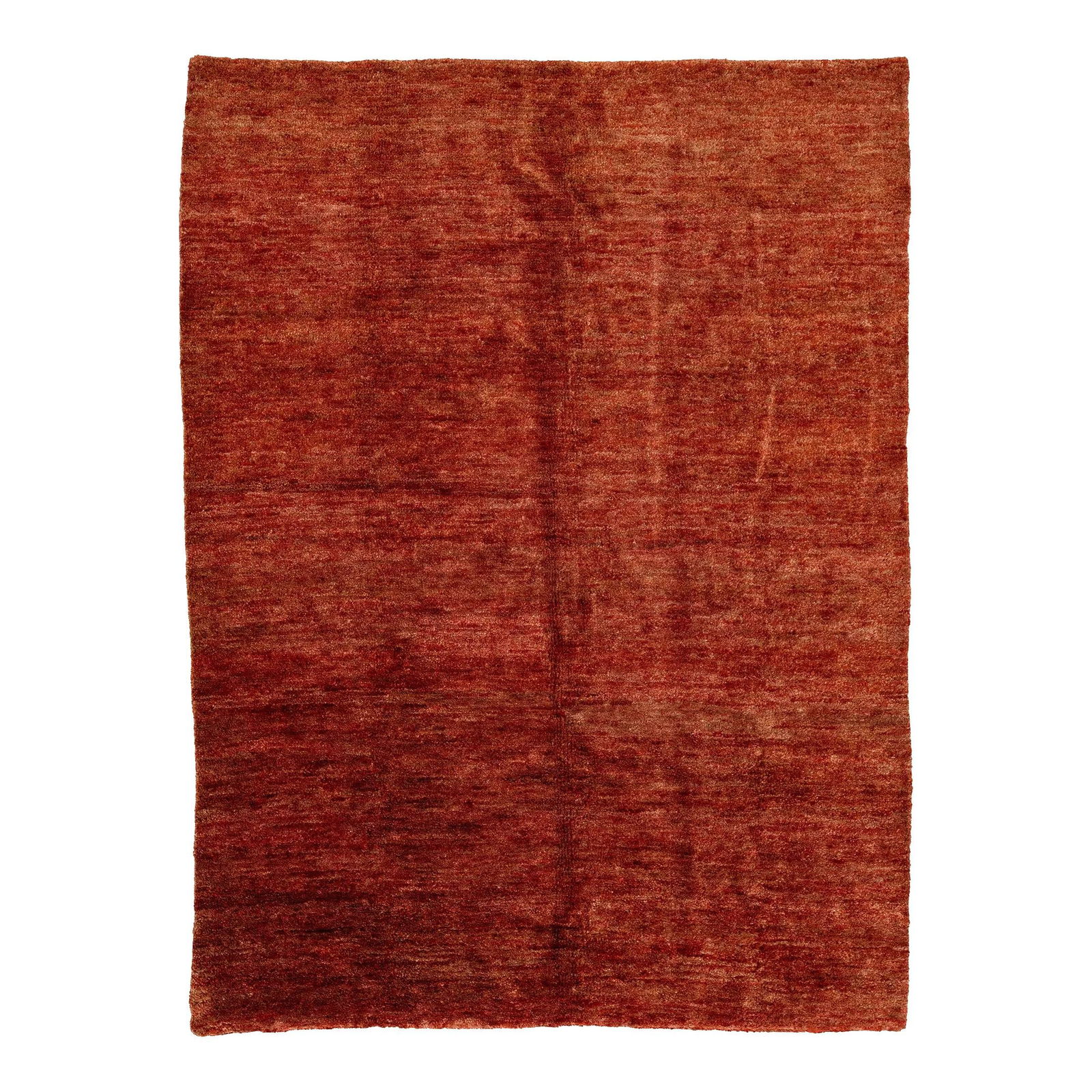 Handcrafted Gabbeh Style Wool Rug in Vibrant Rust 8'11 x 12': Handcrafted Gabbeh Style Wool Rug in Vibrant Rust 8'11 x 12' Discover the artistry of this handcrafted wool and silk rug designed in the Gabbeh style. It features a solid design highlighted by a vibra