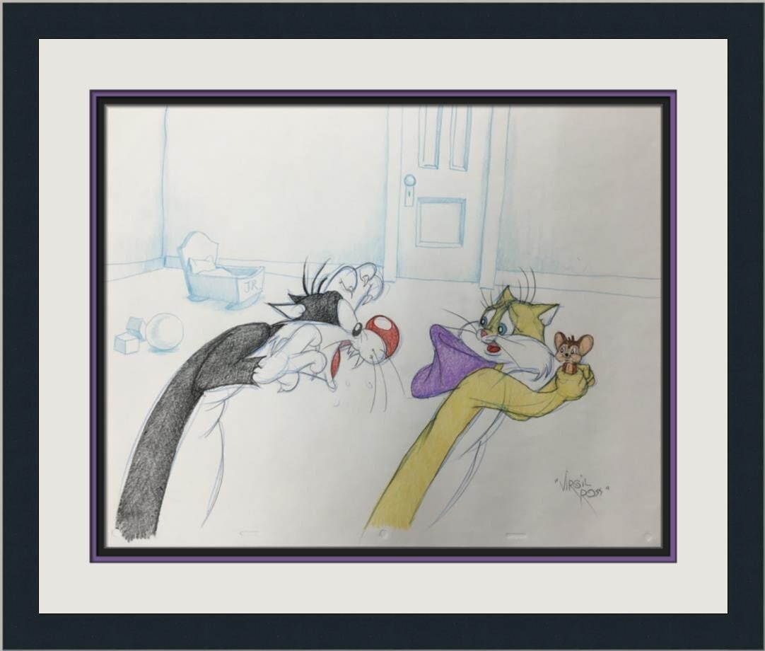 Virgil Ross Signed Sylvester & Silvia Model Sheet Custom Framed Warner Bros Animation: Virgil Ross Signed Sylvester & Silvia Model Sheet Custom Framed Warner Bros Animation This is an original model sheet drawing featuring Sylvester the Cat and Silvia, illustrated by renowned animator V