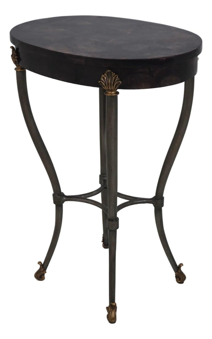 Ethan Allen Regency Style Faux Tortoise Shell Table with Brass Hardware: Ethan Allen Regency Style Faux Tortoise Shell Table with Brass Hardware This exquisite Regency Style Faux Tessellated Horn Table showcases fine carved details and high-quality construction, making it