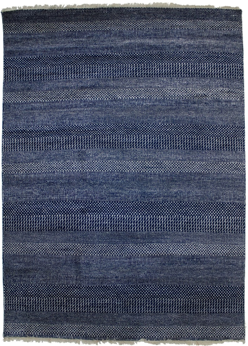 Modern Hand-Knotted Wool Area Rug 5'1 x 7'0 Dark Navy Grass Pattern: Modern Hand-Knotted Wool Area Rug 5'1 x 7'0 Dark Navy Grass Pattern This handmade area rug features a modern grass pattern in a dark navy color. Crafted from thick, medium-pile wool using a hand-knott