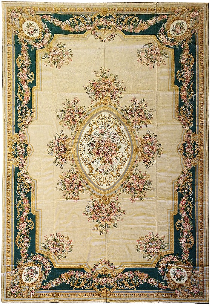 Timeless 11.4 x 18 Beige Aubusson Rug with Green Border: Timeless 11.4 x 18 Beige Aubusson Rug with Green Border Free continental US Shipping Introducing a stunning 11.4' x 18' Beige French Aubusson Rug, elegantly framed with a distinguished green border. T