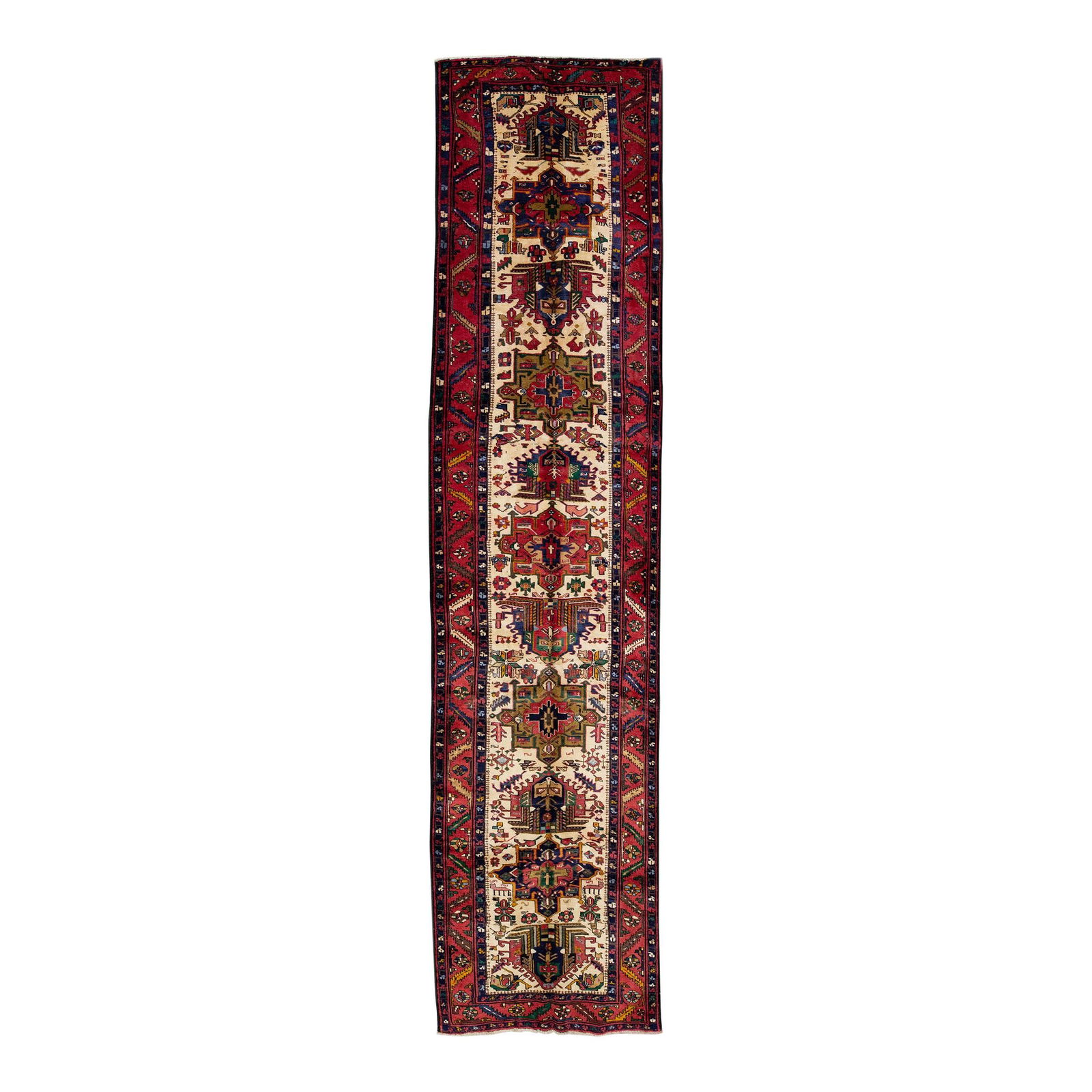 1960s Persian Heriz Hand-Knotted Red Wool Runner 3'8 x 15'2: 1960s Persian Heriz Hand-Knotted Red Wool Runner 3'8 x 15'2 This stunning vintage Persian Heriz runner features a vibrant red color field, beautifully hand-knotted from high-quality wool. The design s