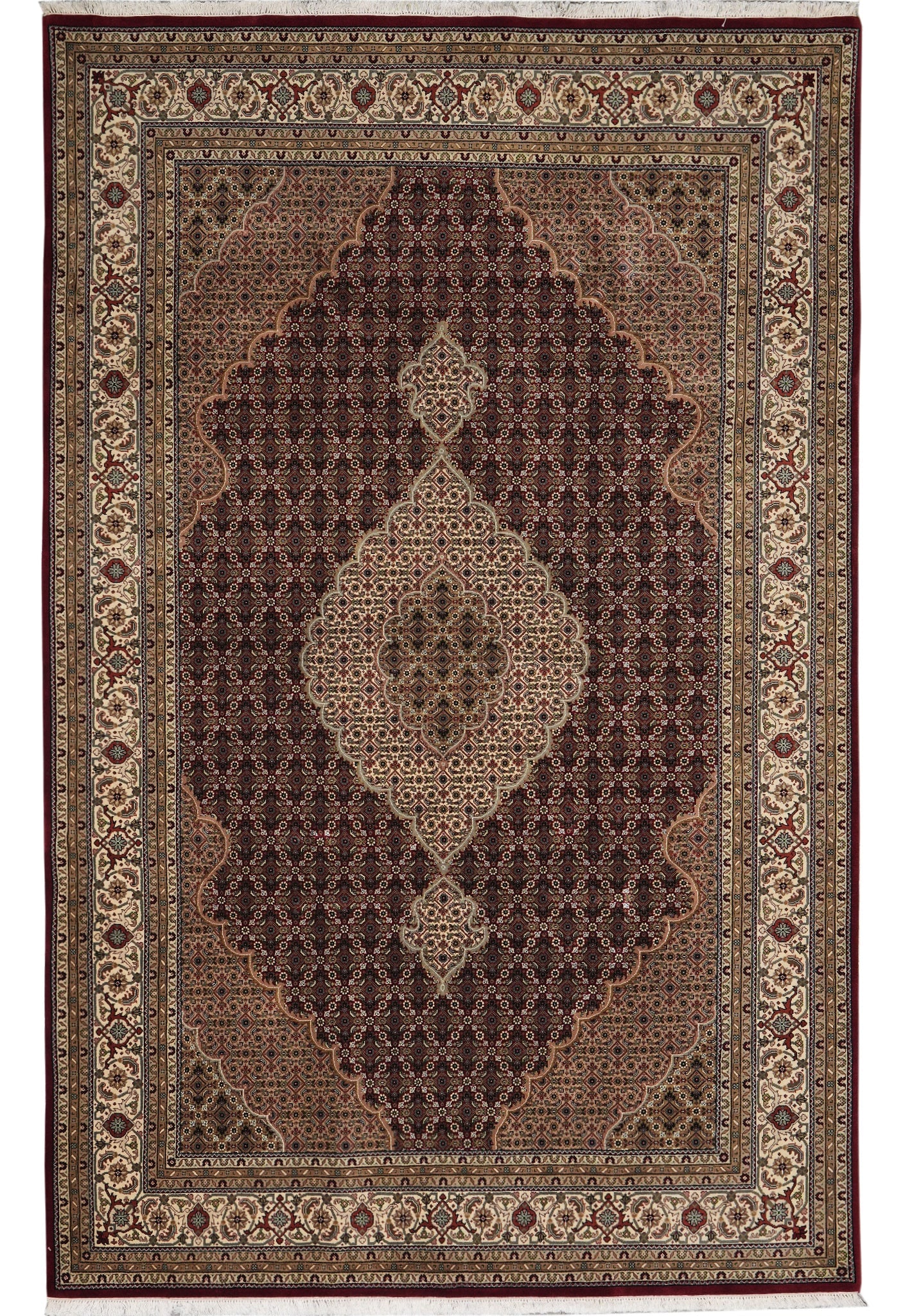 6.6 x 9.10 Handmade Tabriz Mahi Herati Wool Silk Rug Ruby Burgundy: 6.6 x 9.10 Handmade Tabriz Mahi Herati Wool Silk Rug Ruby Burgundy Free continental US Shipping This 6.6 x 9.10 handmade Tabriz Mahi Herati rug is crafted in Tabriz, Iran, using a premium blend of nat