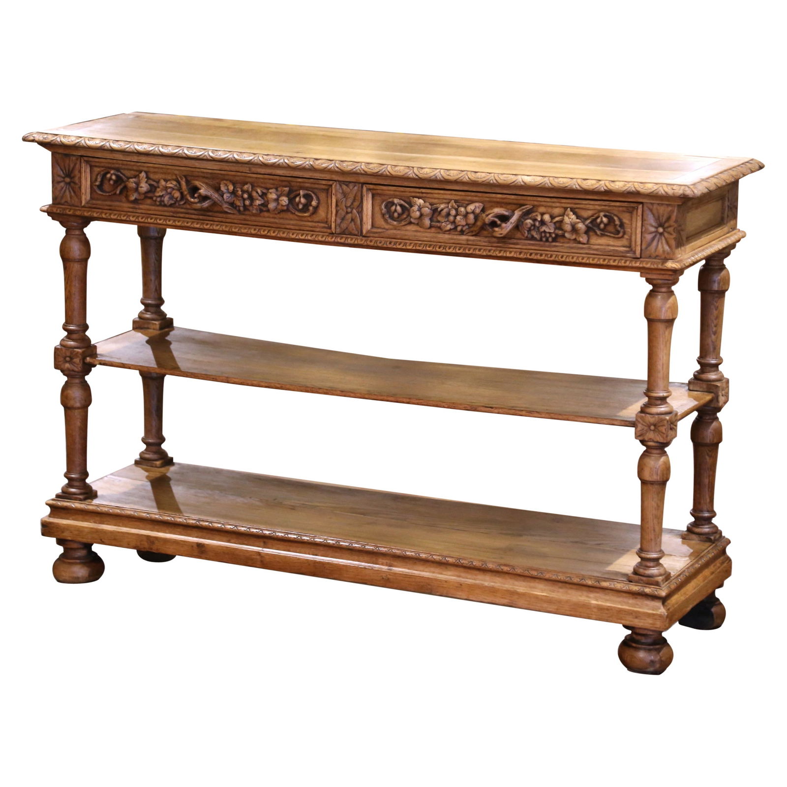 19th Century Louis XIII French Carved Oak Console Table Server: 19th Century Louis XIII French Carved Oak Console Table Server Enhance your hallway, library, or living space with this exquisite 19th Century French Henri II Carved Oak Console Table Server. Crafted