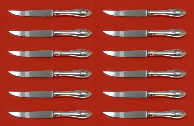 Lunt Mount Vernon Sterling Silver Steak Knife Set 12pc 8.5 Inch: Lunt Mount Vernon Sterling Silver Steak Knife Set 12pc 8.5 Inch Enhance your dining experience with this exquisite set of 12 Mount Vernon steak knives by Lunt. Crafted from high-quality sterling silve