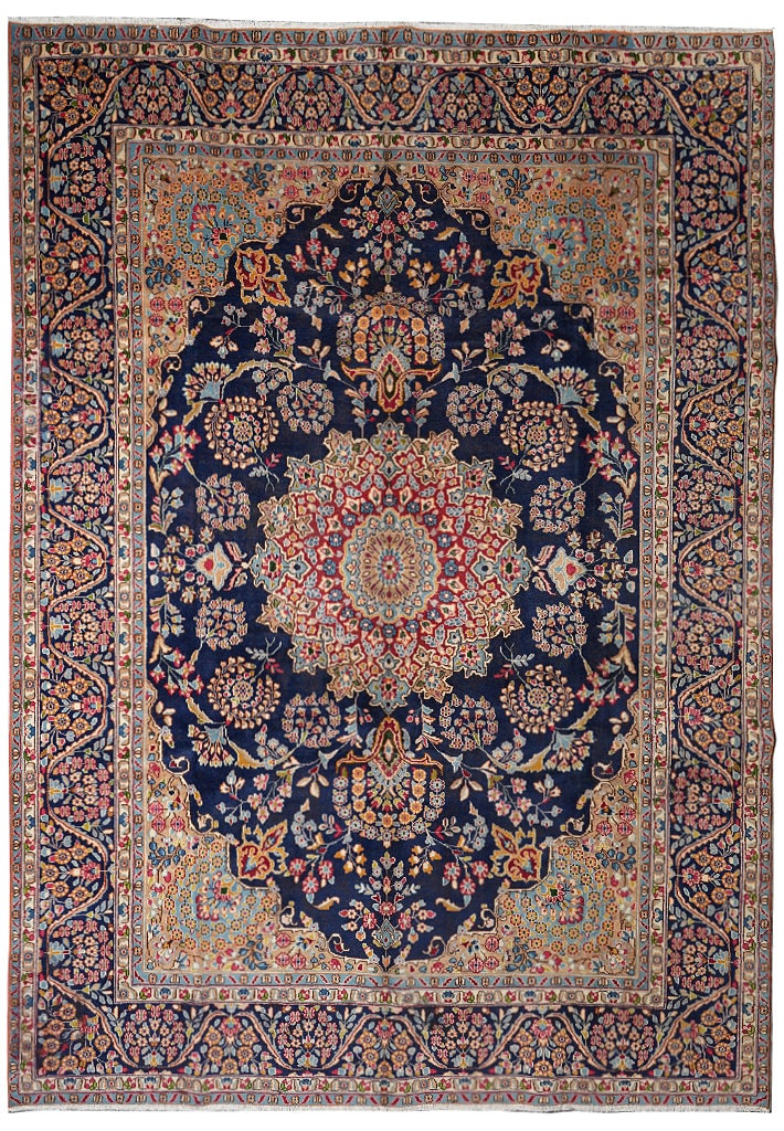 9 x 12 Hand-Knotted Persian Kerman Wool Rug Dark Blue Floral Iran: 9 x 12 Hand-Knotted Persian Kerman Wool Rug Dark Blue Floral Iran Free continental US Shipping This hand-knotted Persian Kerman rug features a dark blue field adorned with ivory, coral red, beige, sky