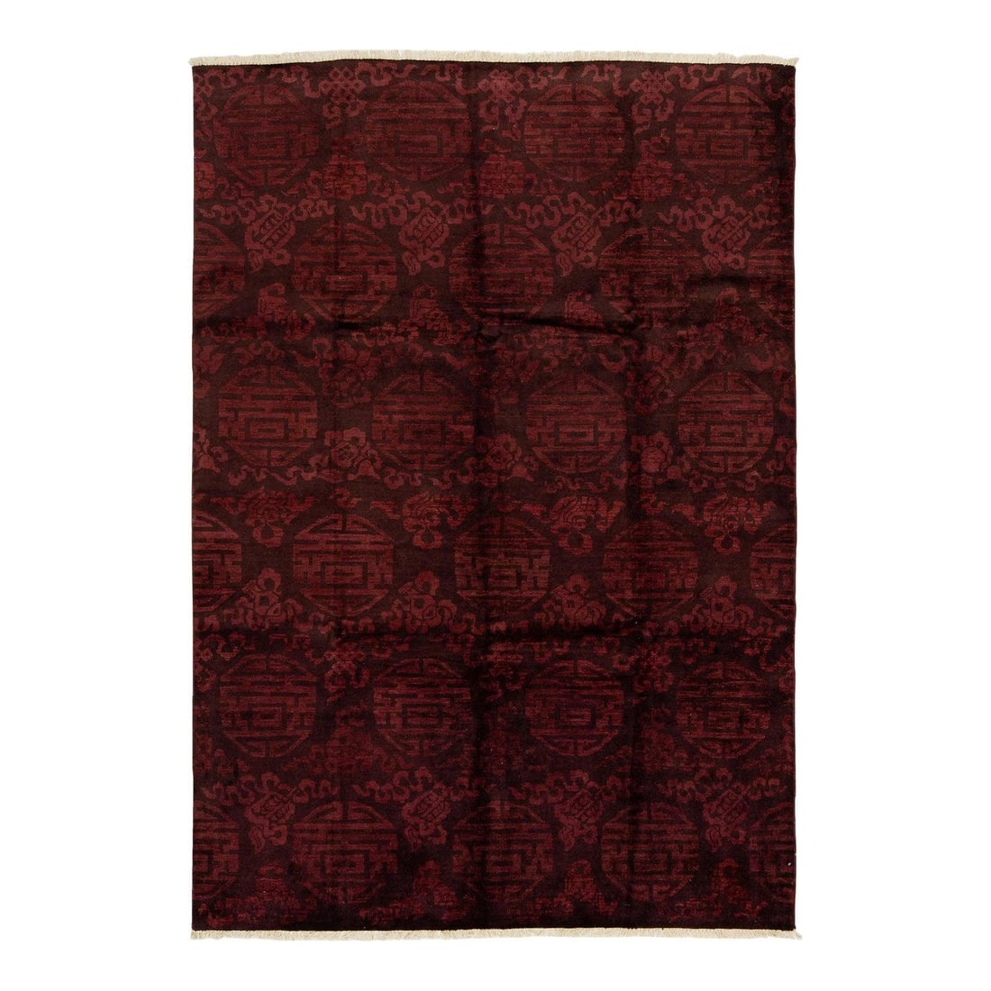 Burgundy Modern Ziegler Wool Rug 6'1 x 8'9 Art Deco Design: Burgundy Modern Ziegler Wool Rug 6'1 x 8'9 Art Deco Design Elevate your space with this exquisite 6'1" x 8'9" Modern Ziegler Wool Rug, featuring a captivating Art Deco design that combines contemporar