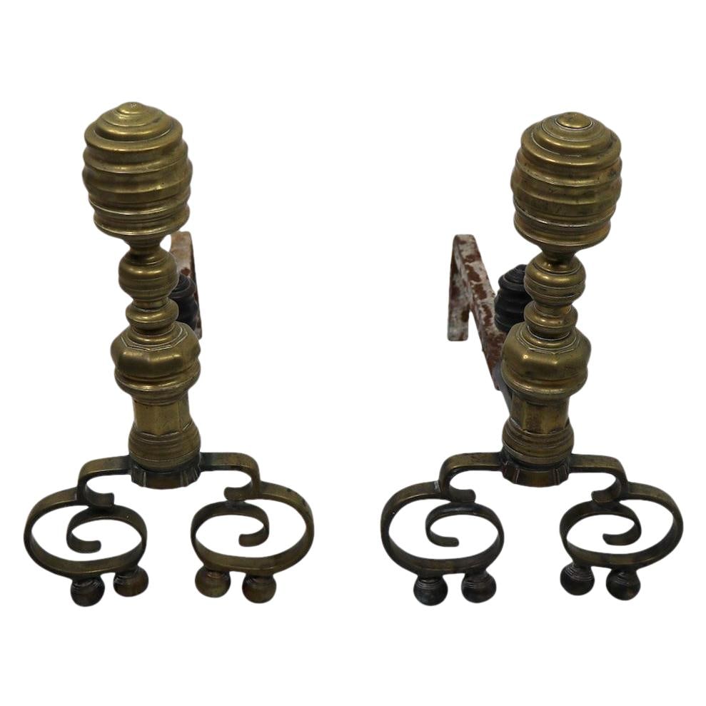 Elegant Chippendale Revival Brass Andirons with Beehive Tops Pair (1 of 10)