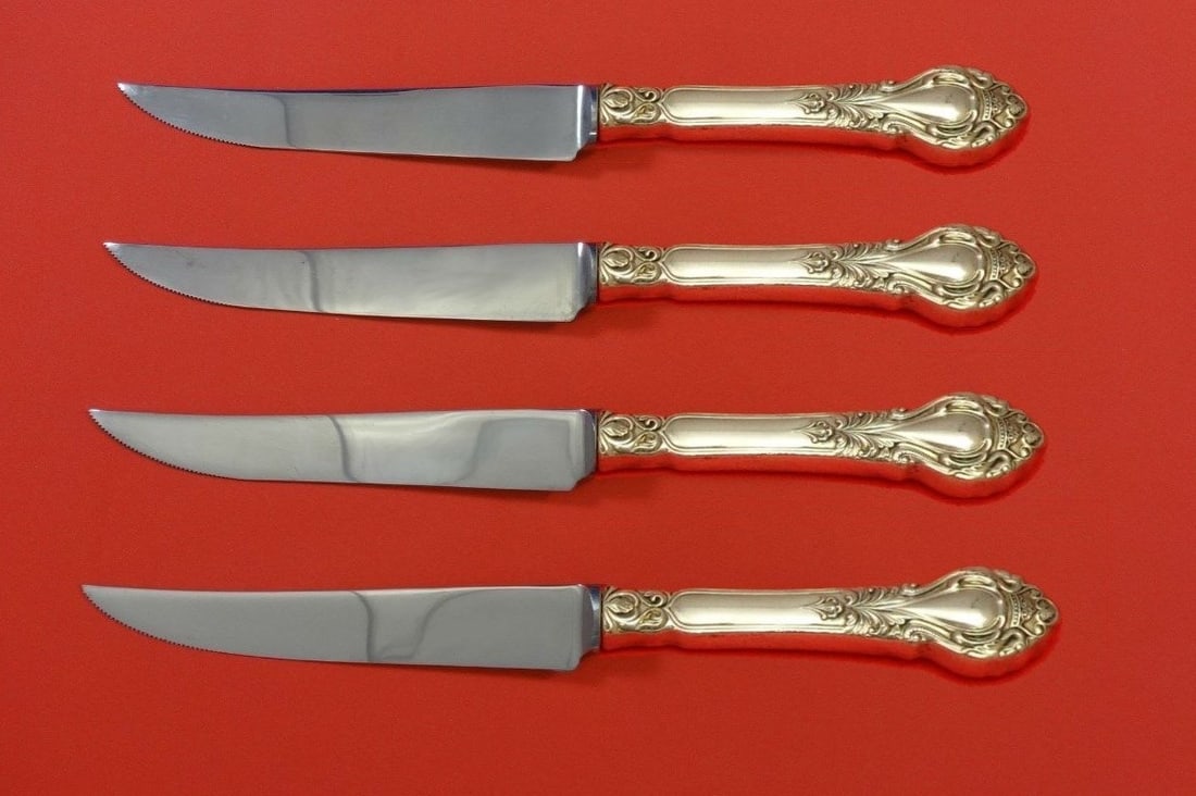 Kirk-Stieff Royal Dynasty Sterling Silver 4pc Steak Knife Set: Kirk-Stieff Royal Dynasty Sterling Silver 4pc Steak Knife Set This exquisite 4-piece steak knife set features the elegant Royal Dynasty pattern by Kirk-Stieff. Each knife is crafted with a sterling si