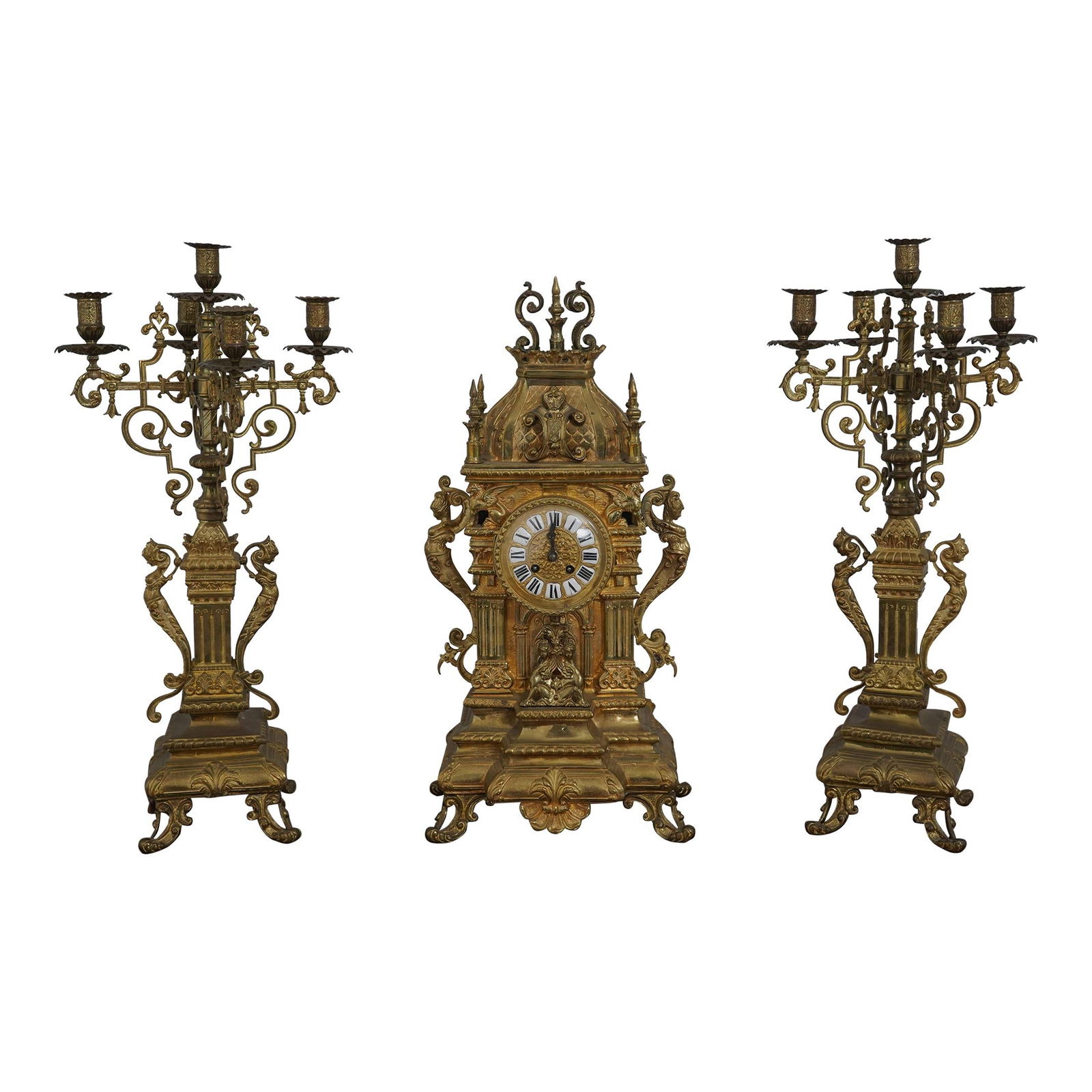 Antique 3 Piece French Brass Clock Set with Candelabras: Antique 3 Piece French Brass Clock Set with Candelabras This exquisite vintage 3-piece French-style clock set features a beautifully crafted clock accompanied by elegant candelabras, showcasing a time