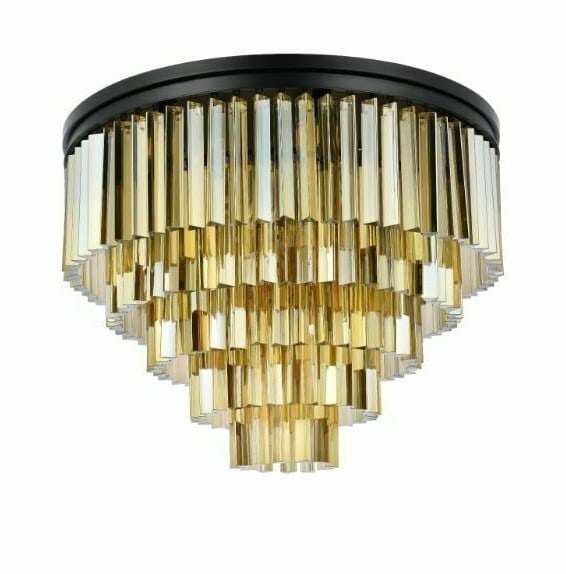 Sydney 32 Inch Matte Black Flush Mount Chandelier with Golden Teak Crystals: Sydney 32 Inch Matte Black Flush Mount Chandelier with Golden Teak Crystals Elevate your space with this stunning Flush Mount Chandelier featuring a contemporary design. Crafted with a matte black fin