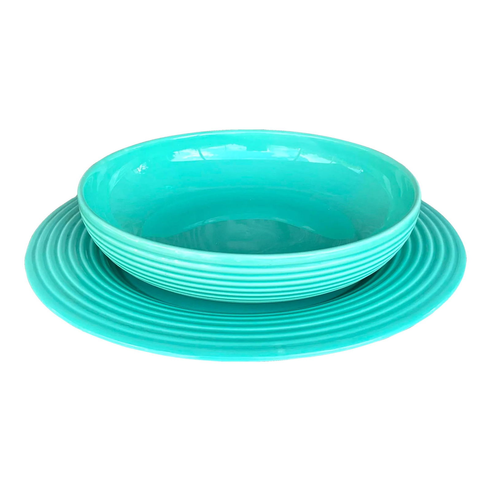 Vintage Boho Jade Green Ceramic Platter and Bowl Set 2 Pieces Made in Portugal: Vintage Boho Jade Green Ceramic Platter and Bowl Set 2 Pieces Made in Portugal Enhance your dining experience with this exquisite Vintage Boho Glazed Ceramic Platter and Bowl Serving Set. This stunnin