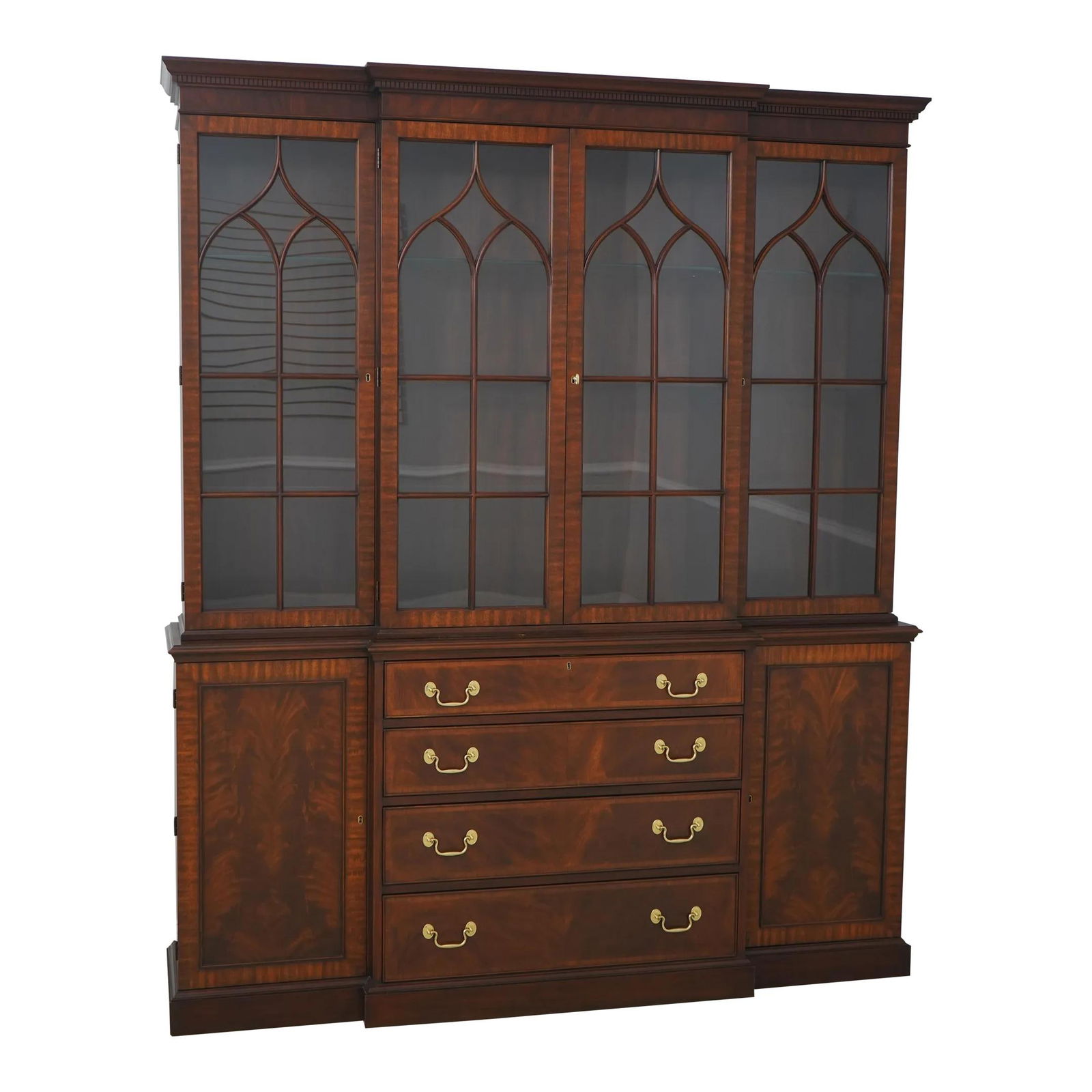 Henkel Harris Model 2372 Mahogany Breakfront China Cabinet Lighted Doors: Henkel Harris Model 2372 Mahogany Breakfront China Cabinet Lighted Doors This Henkel Harris Model 2372 Breakfront China Cabinet, crafted around 1995, showcases a stunning traditional design featuring