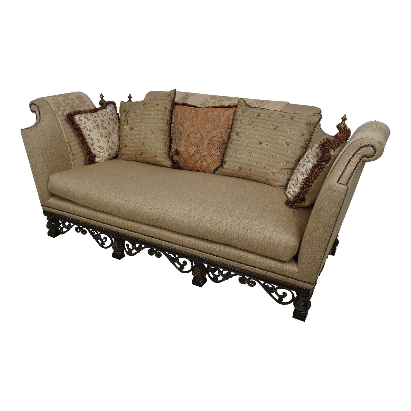 Marge Carson Gold Upholstered Continental Style Sofa with Pillows: Marge Carson Gold Upholstered Continental Style Sofa with Pillows Experience luxury with this Marge Carson Continental Style Upholstered Sofa, a stunning addition to any living space. Crafted approxim