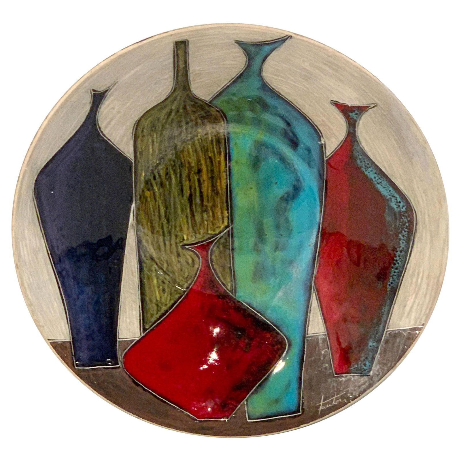 Marcello Fantoni Mid-Century Modern Bowl with Italian Vases: Marcello Fantoni Mid-Century Modern Bowl with Italian Vases This exquisite bowl by Marcello Fantoni showcases a captivating still life of Italian vases, a hallmark of Mid-Century Modern design. Crafte