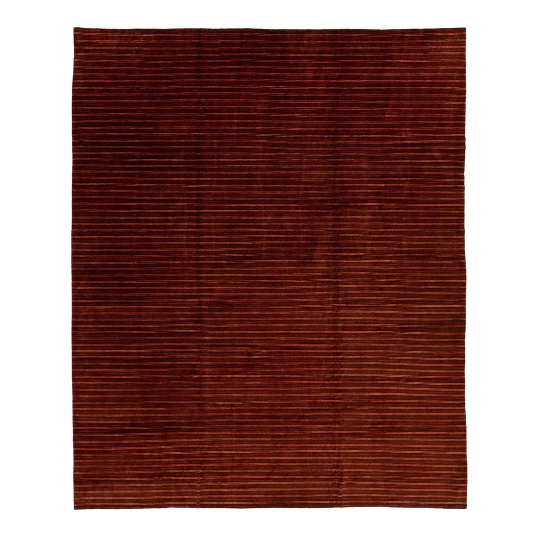 Contemporary Tibetan Wool Rug Burgundy Striped Design 13'3" x 16'3": Contemporary Tibetan Wool Rug Burgundy Striped Design 13'3" x 16'3" Enhance your space with this stunning modern Tibetan rug, featuring a captivating striped design in bold red against a luxurious dee