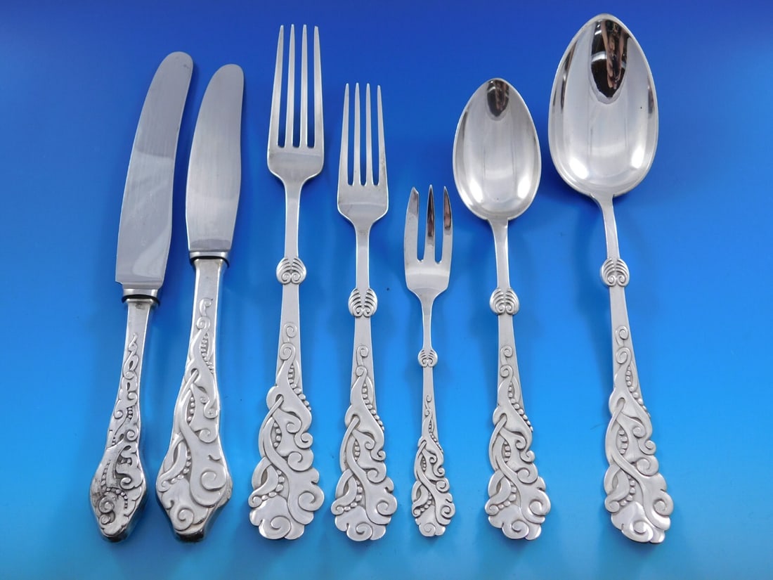 Tang Seaweed Danish 830 Silver Flatware Set 93 Pieces by H Mathiesen: Tang Seaweed Danish 830 Silver Flatware Set 93 Pieces by H Mathiesen This exquisite Tang AKA Seaweed Danish flatware set is a stunning example of Mid-Century Modern design, crafted from 830 sterling s