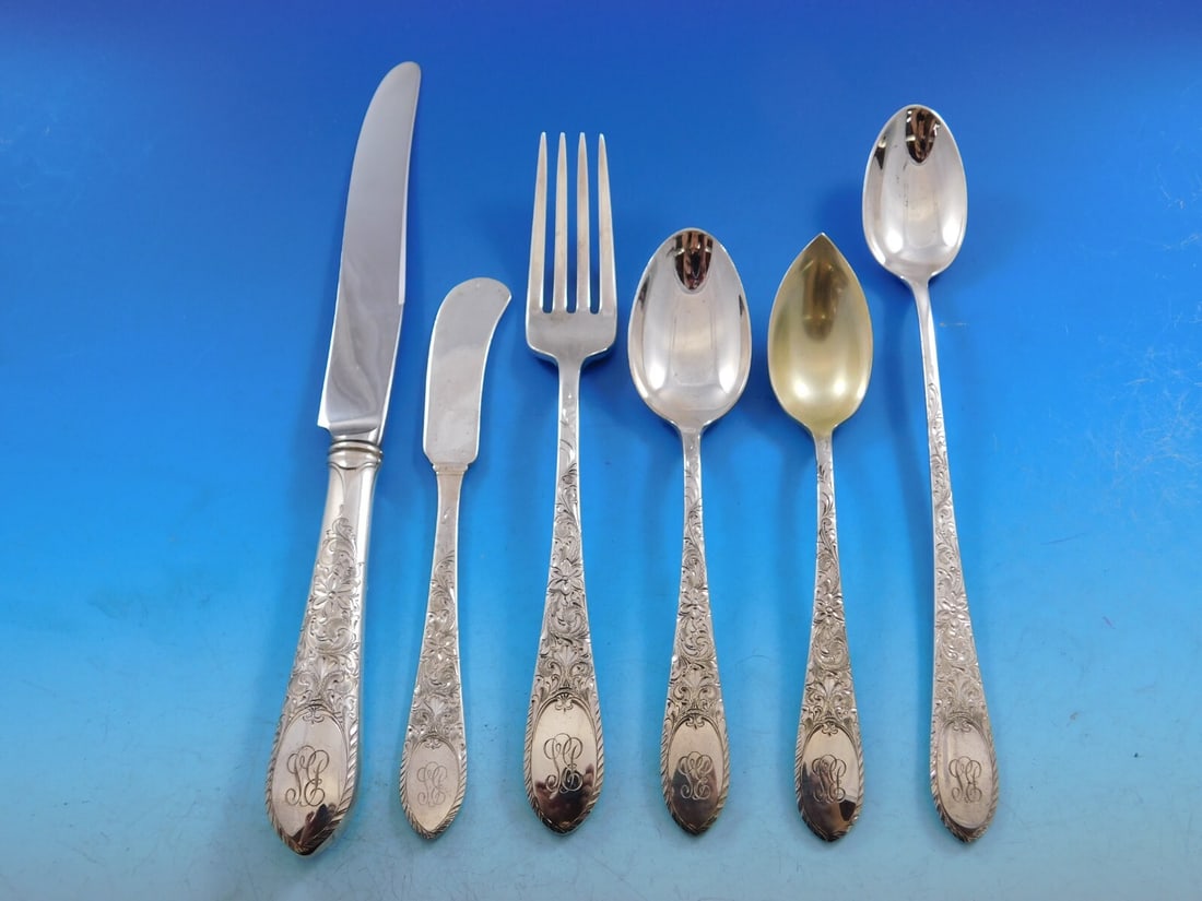 Gorham Elmwood Sterling Silver Flatware Set for 12 77 Pieces Engraved Design: Gorham Elmwood Sterling Silver Flatware Set for 12 77 Pieces Engraved Design This exquisite Elmwood by Gorham Sterling Silver Flatware Set features a refined and intricate engraved design, perfect for
