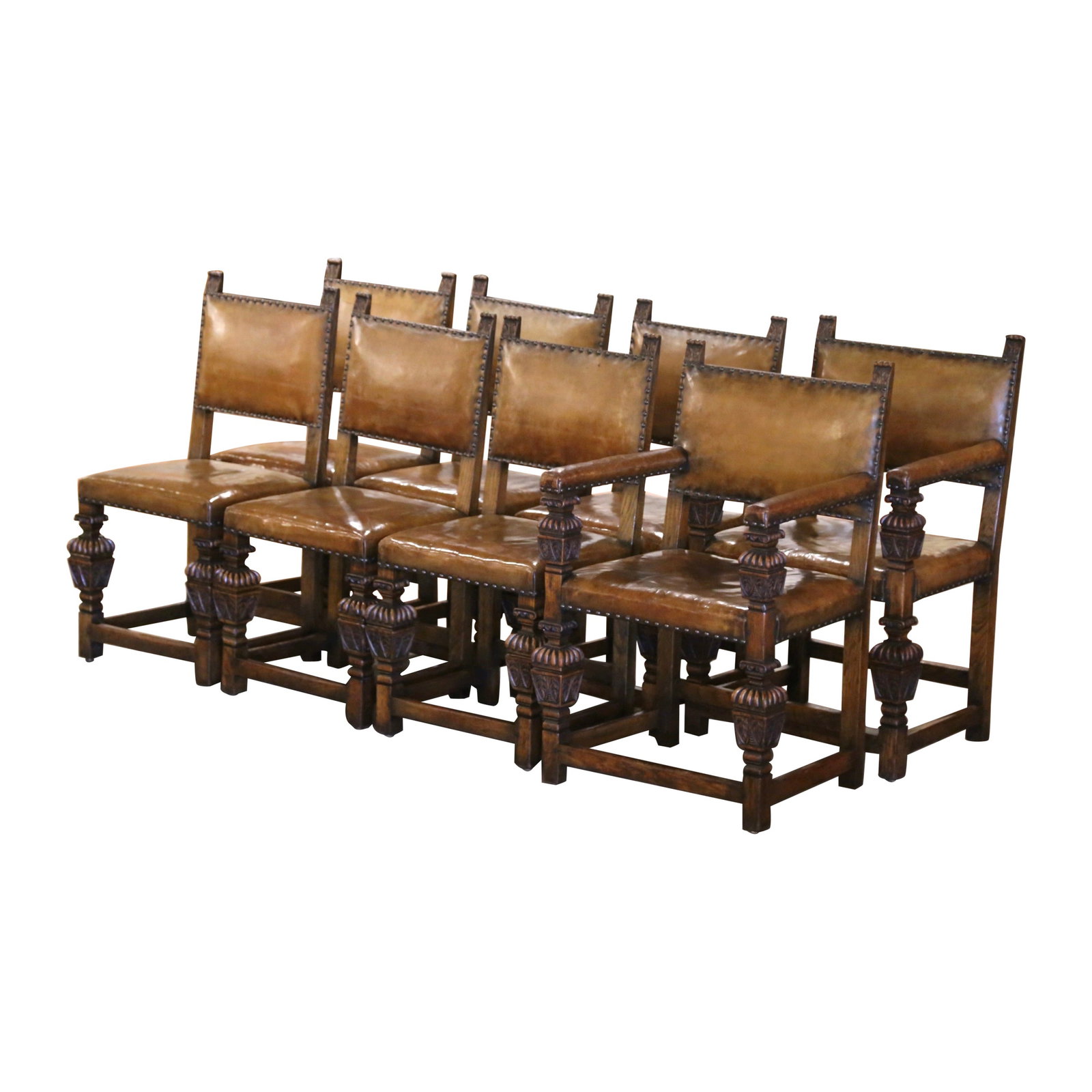 Set of 8 Jacobean Style Oak and Leather Dining Chairs Circa 1870: Set of 8 Jacobean Style Oak and Leather Dining Chairs Circa 1870 This exquisite set of 8 dining chairs, including both side chairs and armchairs, showcases the elegance of Jacobean design from mid-19t