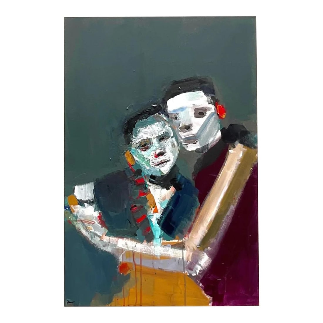 Vintage Boho Abstract Expressionist Oil Painting 24x36 Teal Canvas: Vintage Boho Abstract Expressionist Oil Painting 24x36 Teal Canvas This Vintage Boho Abstract Expressionist Figural Oil Painting on Canvas embodies the spirit of American artistic freedom with its vib