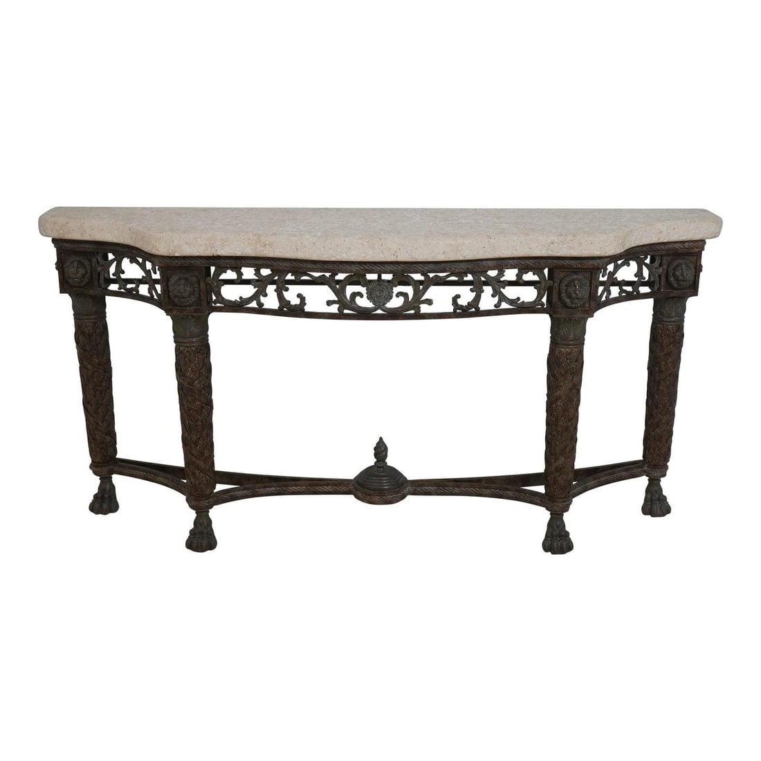 Maitland Smith Bronze Console Table with Travertine Top and Lion Head Details: Maitland Smith Bronze Console Table with Travertine Top and Lion Head Details This stunning Maitland Smith console table showcases a thick porous travertine top complemented by a robust iron base with