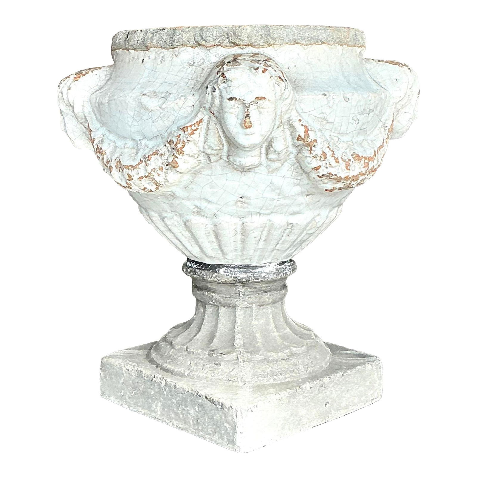Vintage Boho Ceramic Garland Urn with Glazed Finish: Vintage Boho Ceramic Garland Urn with Glazed Finish This exquisite vintage ceramic urn features a boho-chic design with a delicately glazed surface that highlights a lovely aged patina. Adorned with g