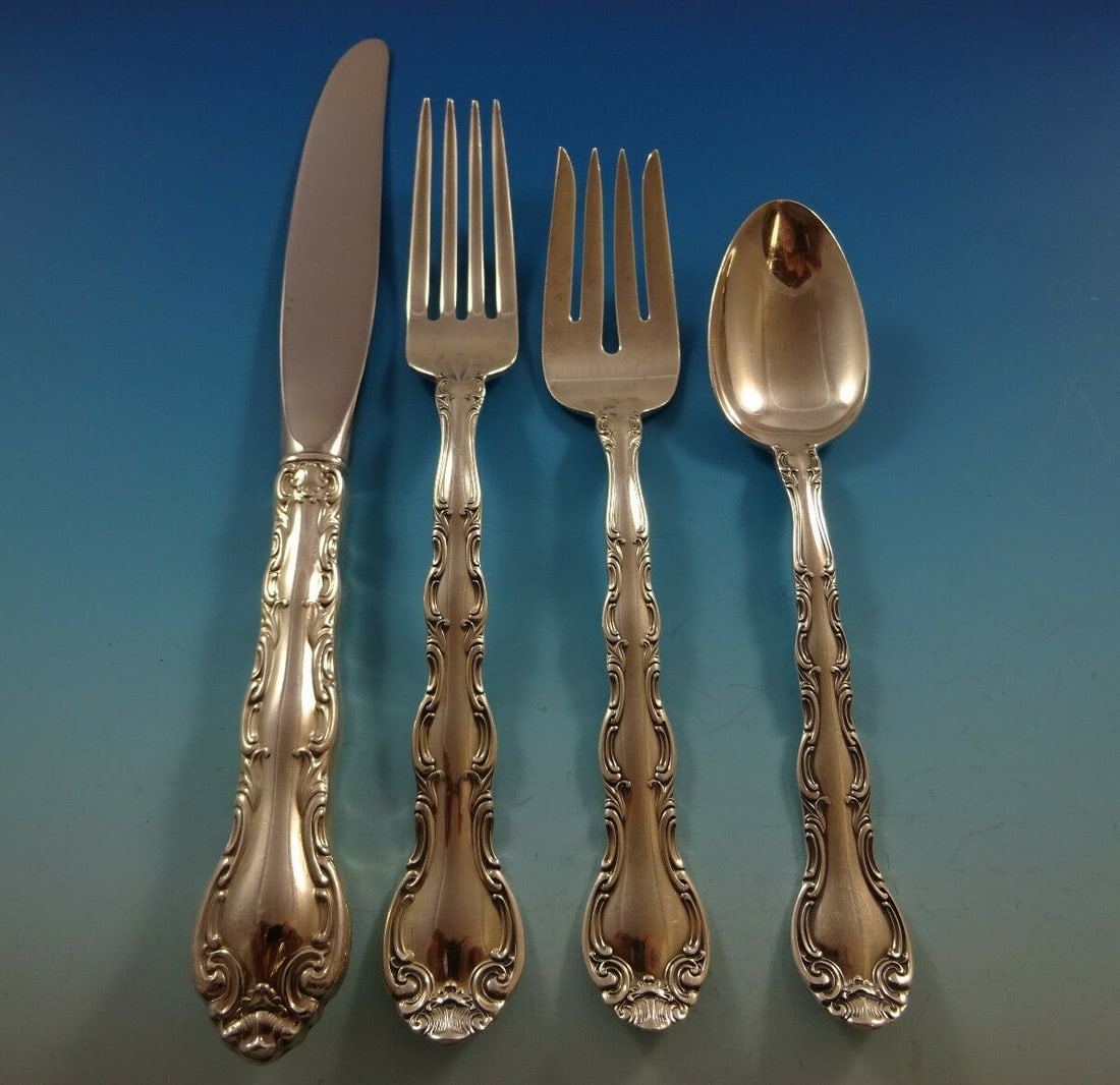 Alvin French Scroll Sterling Silver Flatware Set for 12 48 Pieces: Alvin French Scroll Sterling Silver Flatware Set for 12 48 Pieces Enhance your dining experience with this exquisite French Scroll Sterling Silver Flatware Set by Alvin. Designed for service for 12, t
