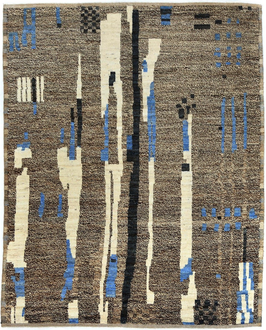 Hand-Knotted Wool Area Rug Modern Abstract Moroccan Design 9'3 x 11'7: Hand-Knotted Wool Area Rug Modern Abstract Moroccan Design 9'3 x 11'7 This contemporary Moroccan-style area rug features an abstract pattern in shades of brown, cream, blue, and charcoal. Hand-knotted