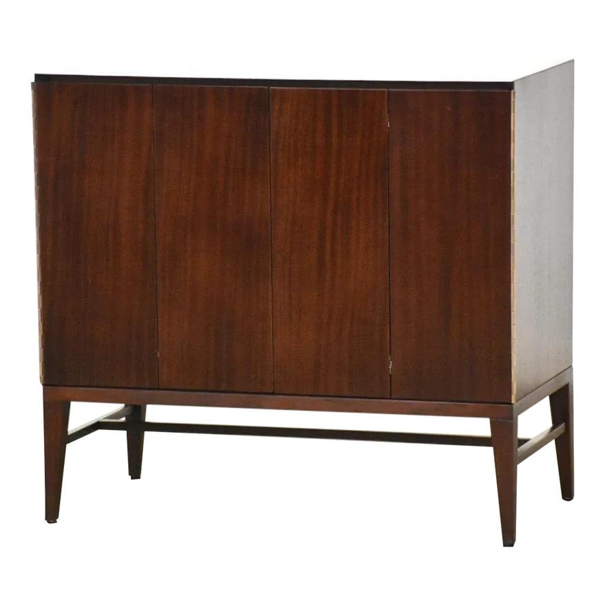 Paul McCobb Mid Century Modern Mahogany Credenza with White Stone Top: Paul McCobb Mid Century Modern Mahogany Credenza with White Stone Top This stunning mid-century modern credenza cabinet, designed by Paul McCobb for Calvin's Irwin Collection, showcases a beautiful ma