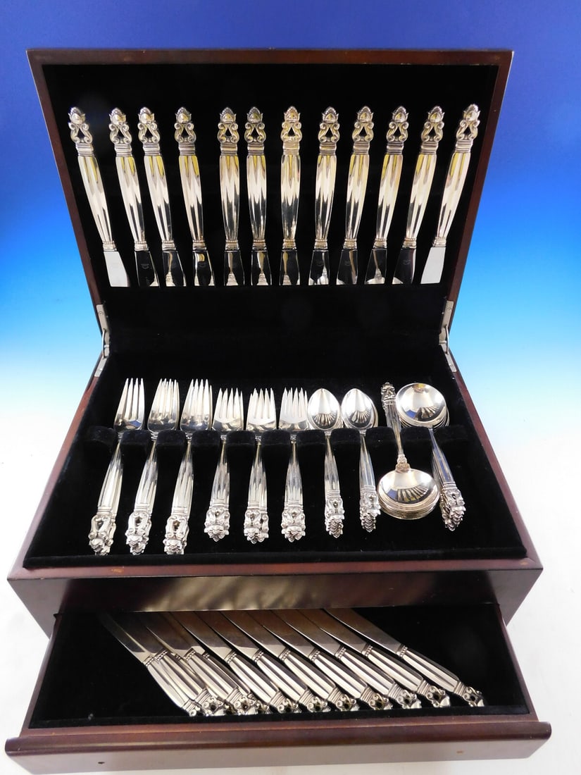 Georg Jensen Acorn Sterling Silver Flatware Set 72 Pieces with Bonus Chest - 2